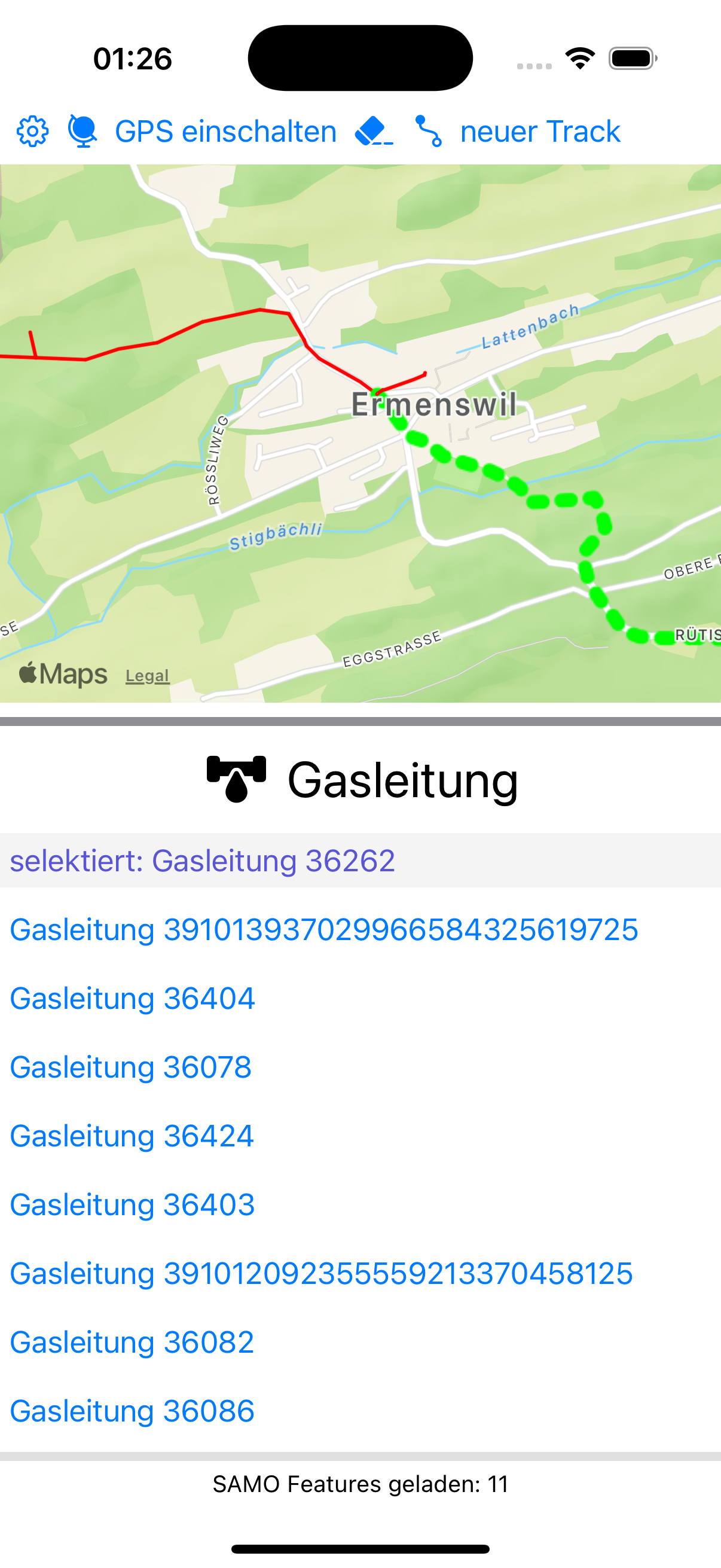 Kartenansicht mit aktiver Leitung und Overlays